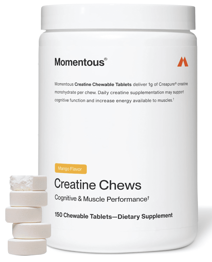 Momentous Creatine Chews bag, highlighting NSF Certified for Sport and Creapure Creatine Monohydrate.
