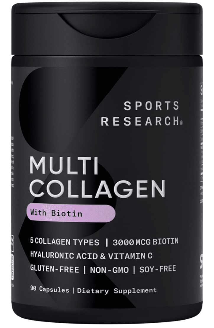 Featured product shot of Sports Research Multi Collagen 90-capsule bottle, showcasing its formula containing 5 collagen types, 3000 mcg Biotin, Hyaluronic Acid, and Vitamin C for comprehensive tissue and beauty support.