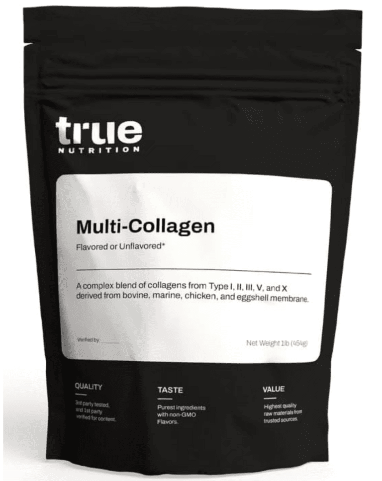 Featured product shot of True Nutrition Multi-Collagen 1lb bag, highlighting its complex blend of five collagen types derived from bovine, marine, chicken, and eggshell membrane for comprehensive recovery.