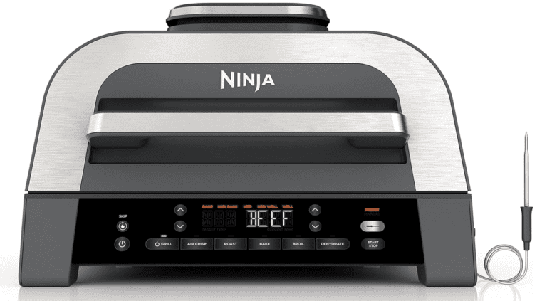 Featured product shot of the Ninja Foodi Smart XL Grill, highlighting the digital control panel set to "Beef" doneness and the smart thermometer probe for precise, smoke-free indoor grilling.
