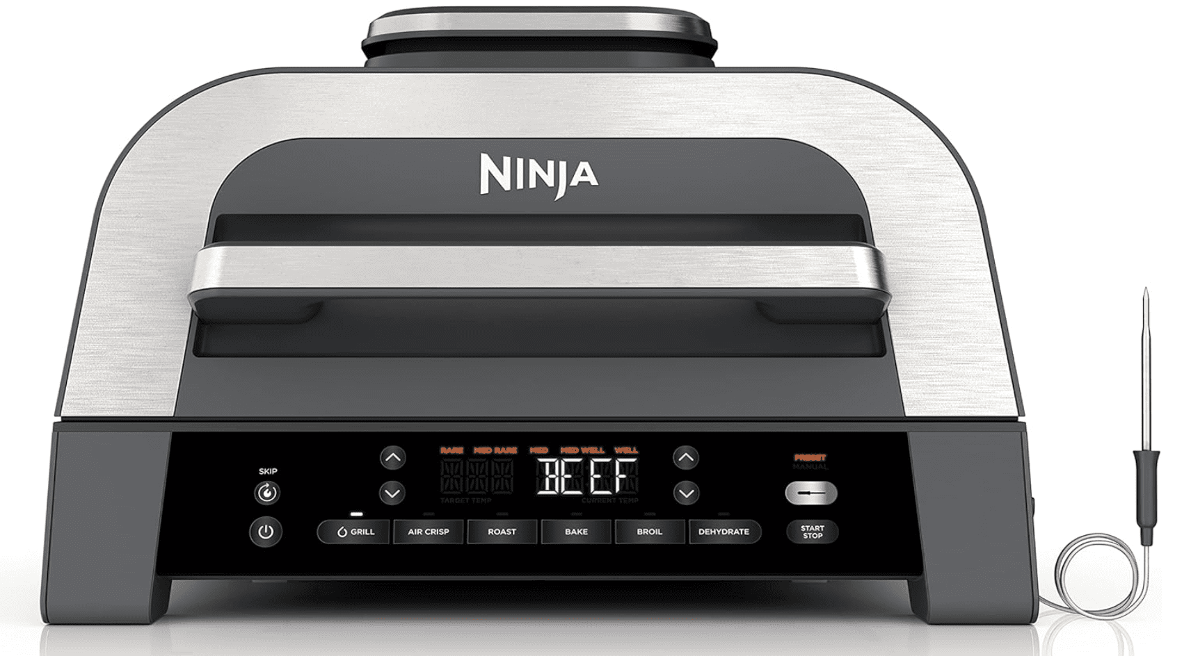 Ninja Foodi Smart XL 6-in-1 Indoor Grill showing large cooking surface, digital control panel, and smart thermometer probe for precision grilling