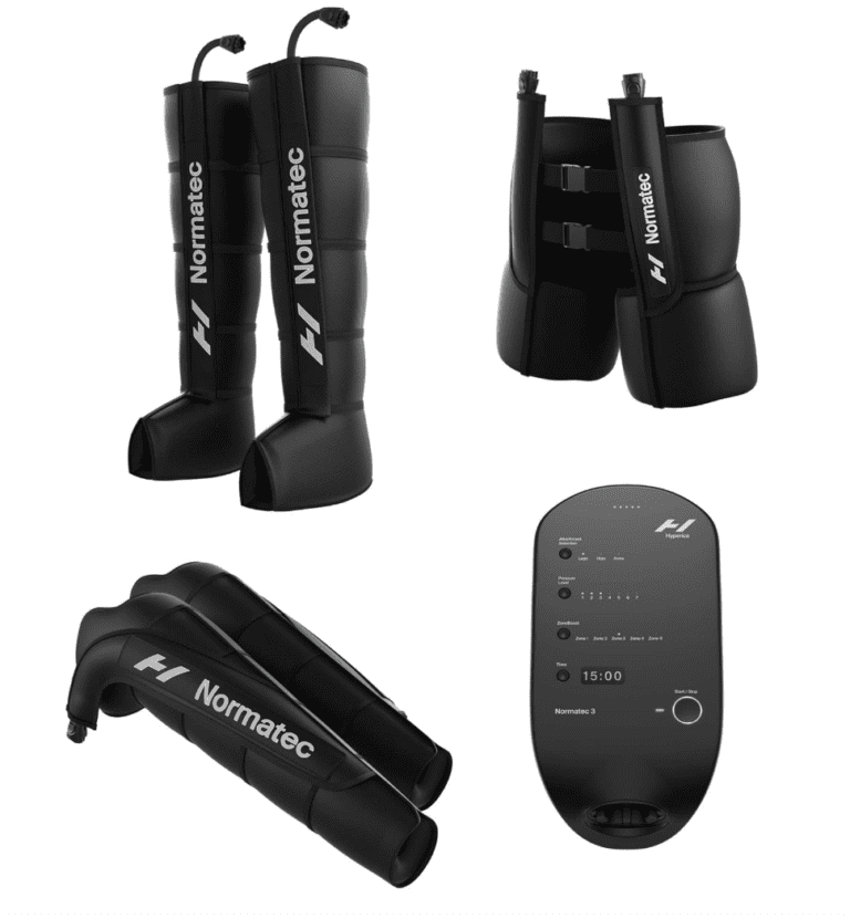 A collage of the Hyperice Normatec 3 recovery system featuring leg, arm, and hip compression attachments with the digital control unit showing a 15-minute session.