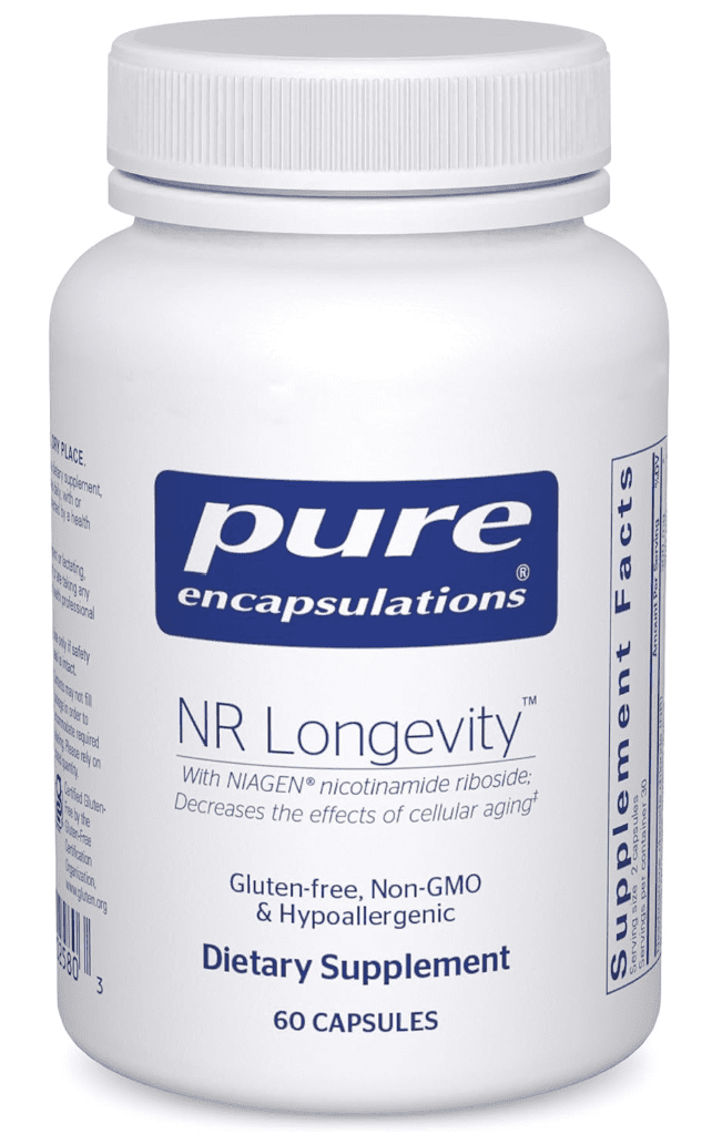 Featured product shot of Pure Encapsulations NR Longevity™ 60-capsule bottle, showcasing its formula with patented NIAGEN® nicotinamide riboside for a technical review of supplements designed to decrease the effects of cellular aging.