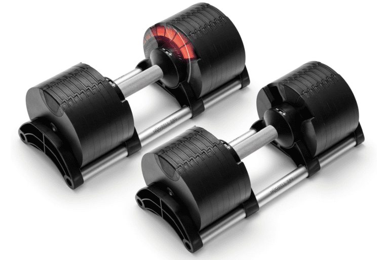 Featured product showcase of the Nuobell 580 adjustable dumbbells in their cradles, highlighting the 5-80lb weight range, the signature twist-handle adjustment mechanism, and high-traction knurled steel handles.