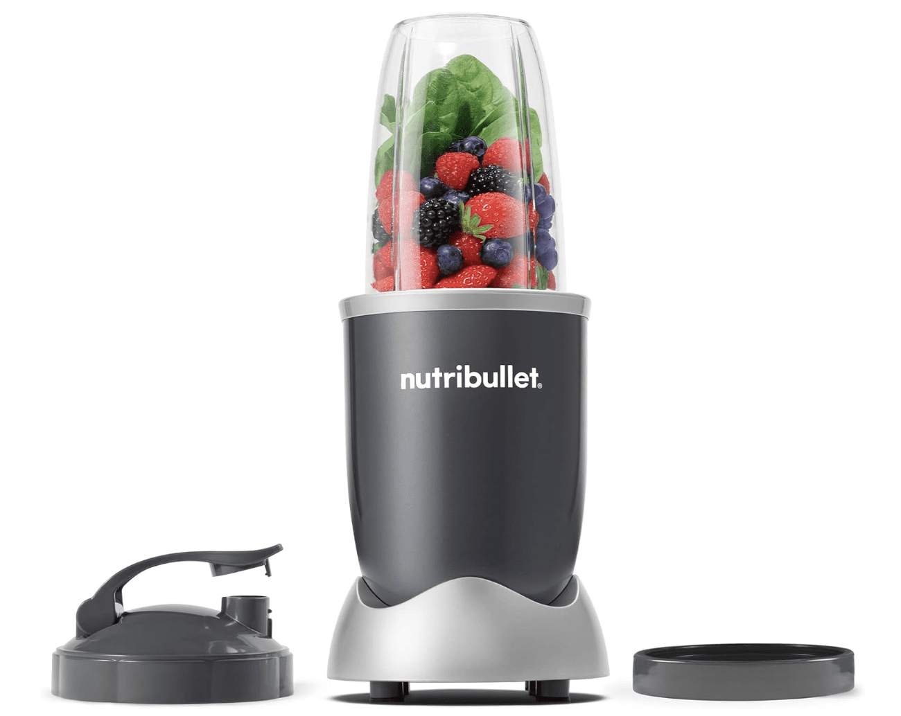 Nutribullet Personal Blender 600 watt gray model NBR-0601WM with 24 oz cup, showing blade assembly, motor base, and lid for protein shakes, smoothies, and food prep