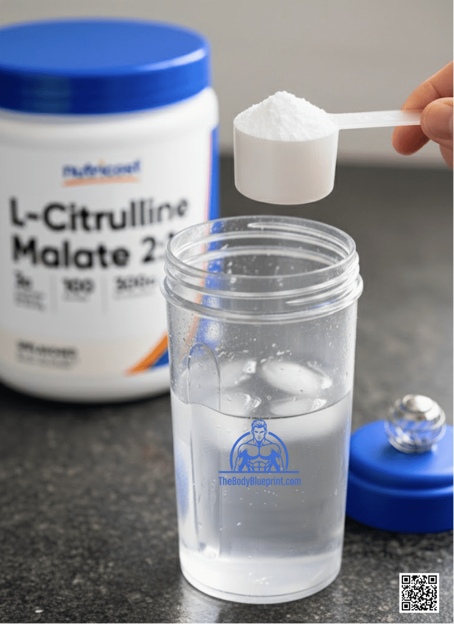 A single scoop of Nutricost L-Citrulline Malate (2:1) Powder about to be mixed into a shaker bottle, with the 300g tub in the background.