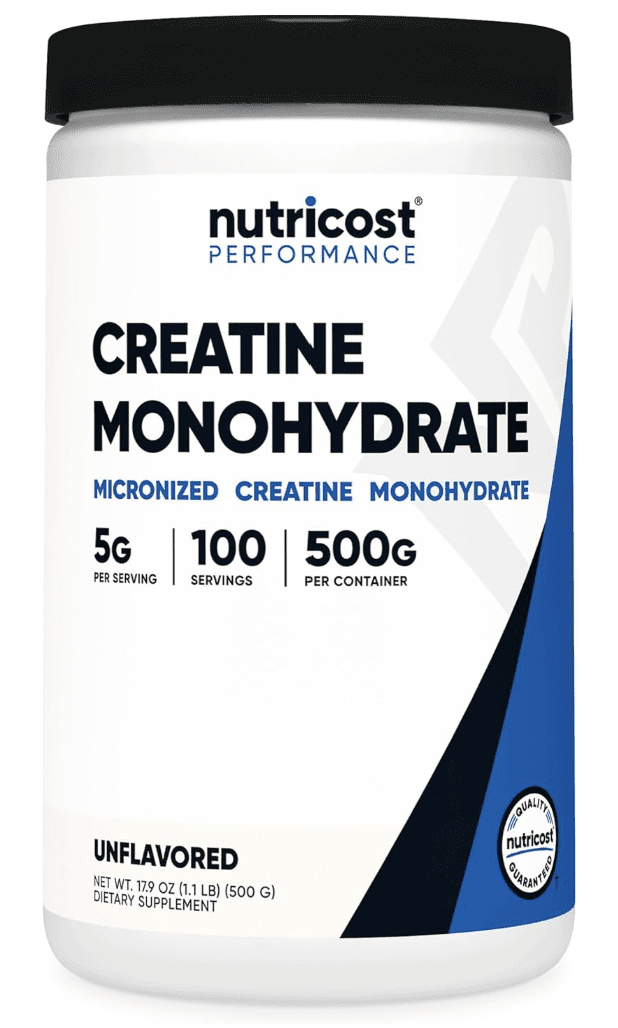 Nutricost Creatine Monohydrate tub displaying 5g per serving, 100 servings, and "Quality Guaranteed" badge, verifying its bulk value for the review.