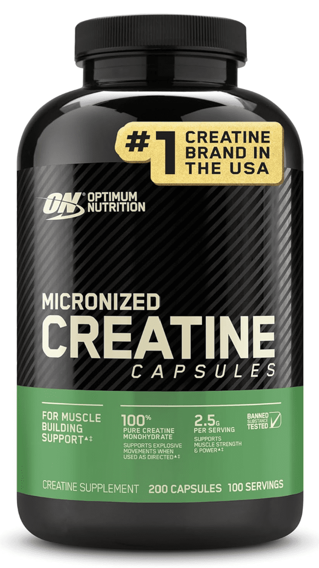 Optimum Nutrition Micronized Creatine Capsules bottle showing 2.5g per serving, 200 capsules, banned substance tested label, and #1 Creatine Brand in the USA badge.