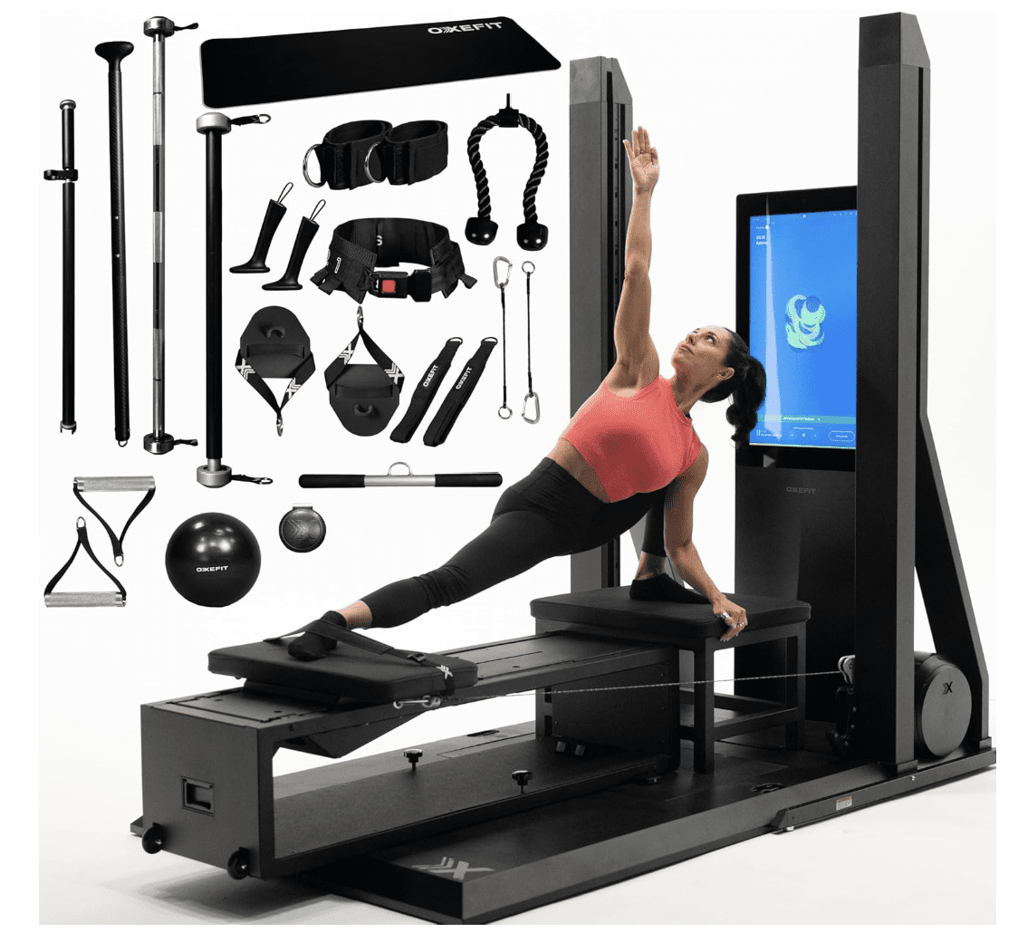 OxeFit XS1 Peak Smart Home Gym in vertical freestanding mode with Pilates reformer extended.