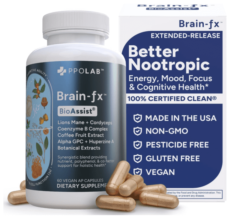 Bottle and box of PPO Lab Brain-fx Nootropic with BioAssist, featuring Lion's Mane, Cordyceps, and Alpha GPC for extended-release cognitive health.