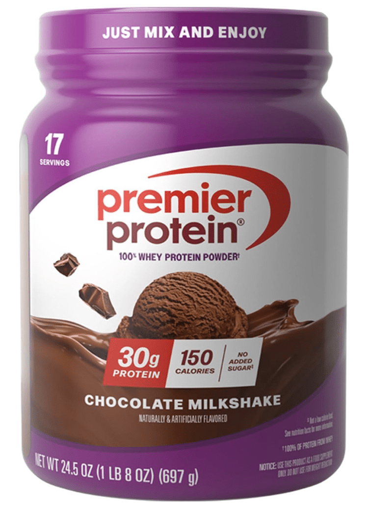 Premier Protein Chocolate Milkshake tub showing 30g protein, 150 calories, and 17 servings per container.