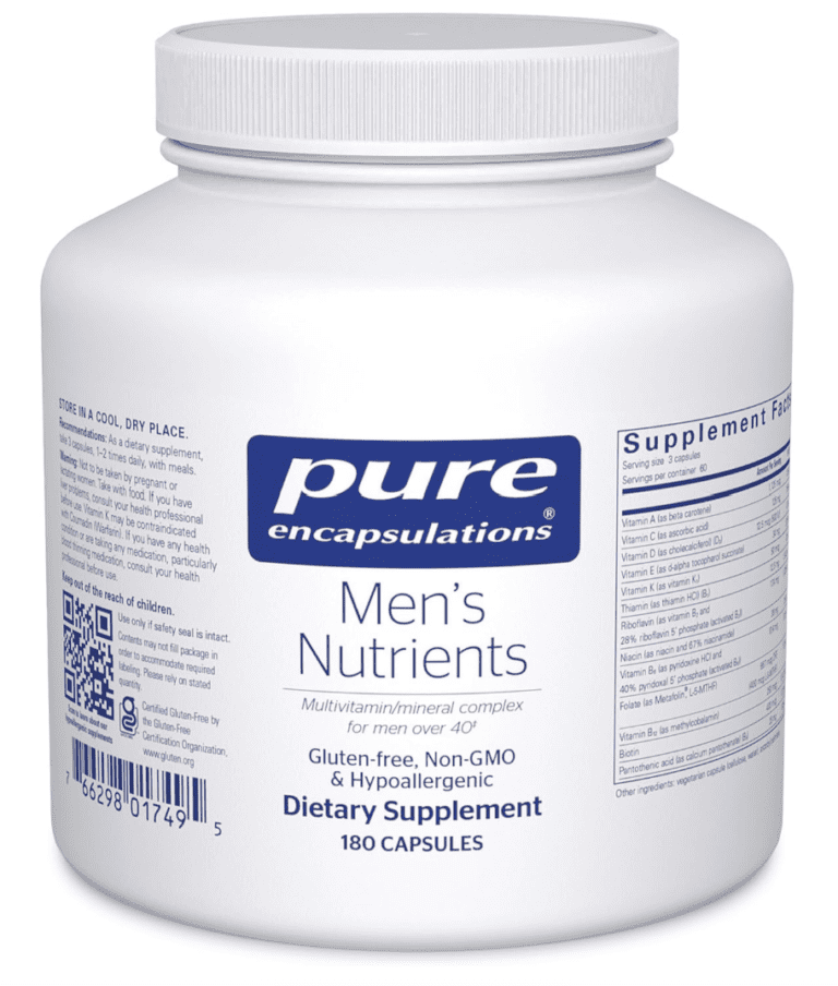 Bottle of Pure Encapsulations Men’s Nutrients, a multivitamin and mineral complex for men over 40, containing 180 hypoallergenic, gluten-free, and Non-GMO capsules.