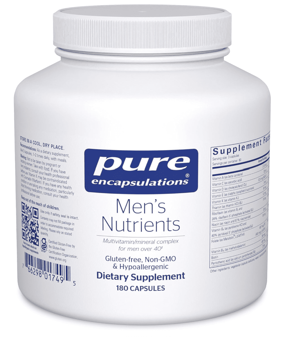 Pure Encapsulations Men's Nutrients bottle and capsules, showcasing the clean label design of a high-end men's multivitamin and mineral supplement.