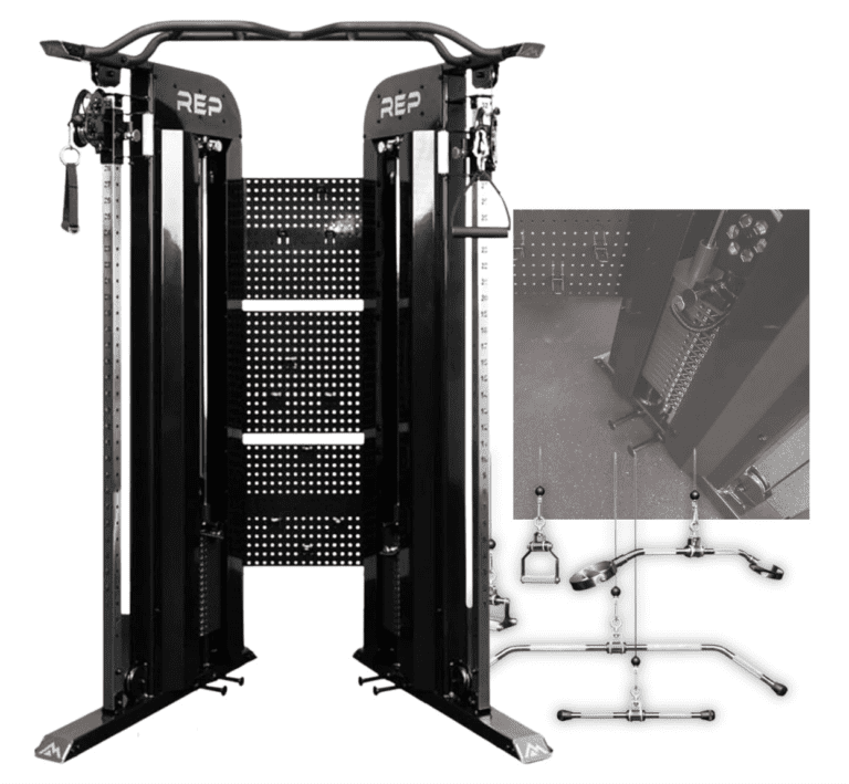 Front view of the REP Fitness Arcadia Functional Trainer featuring dual weight stacks, multi-grip pull-up bar, and storage pegboard.