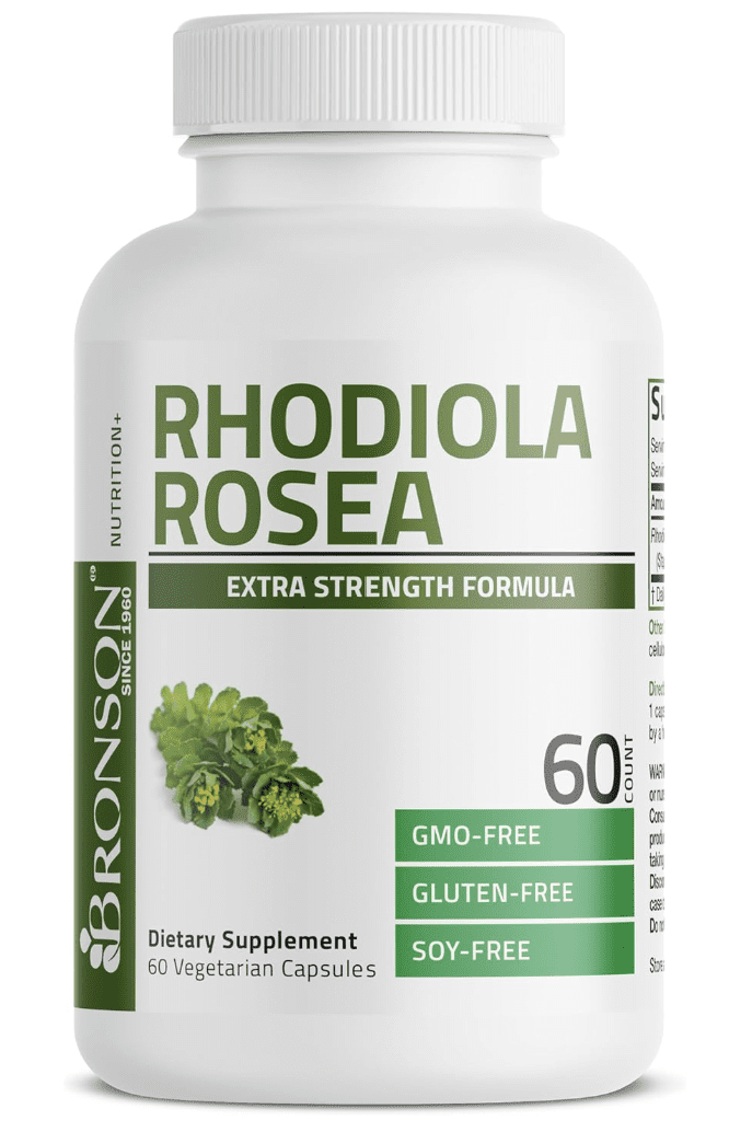 Featured product shot of a 60-count bottle of Bronson Rhodiola Rosea, highlighting its extra strength formula and GMO-free, gluten-free, and soy-free certifications for clean performance support.