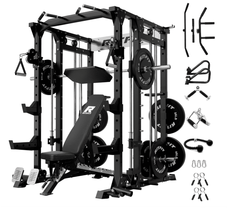 A comprehensive product showcase of the RitFit Buffalo Smith Machine featuring the integrated power cage, Smith bar, adjustable weight bench, and cable crossover system, surrounded by high-performance attachments like the lat bar and dip handles.