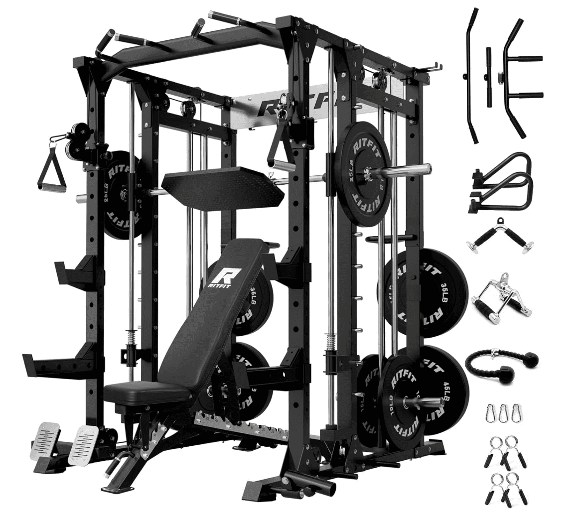 Technical breakdown of the RitFit Buffalo unit highlighting the smooth-glide Smith machine guide rods, the dual-pulley cable crossover system, and a 10-piece accessory kit including J-hooks, safety spotters, and tricep ropes for multi-planar strength training.