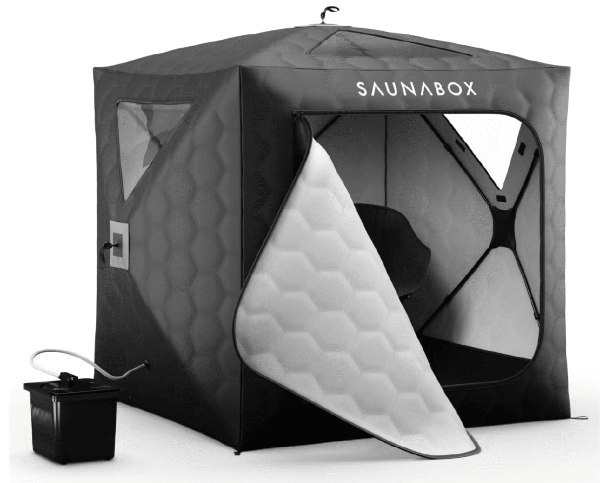 Technical view of the SaunaBox setup highlighting the high-output external steam generator and the insulated thermal door, illustrating the ease of assembly and efficient moisture containment for a home spa experience.