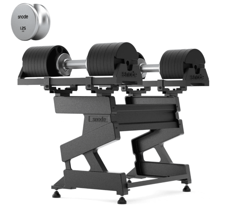 Featured product showcase of the SNODE AD80 adjustable dumbbells on a heavy-duty S-shaped cast iron stand, illustrating the 10-80lb weight range, all-metal dial mechanism, and 1.25lb magnetic adder plates for precise micro-loading.