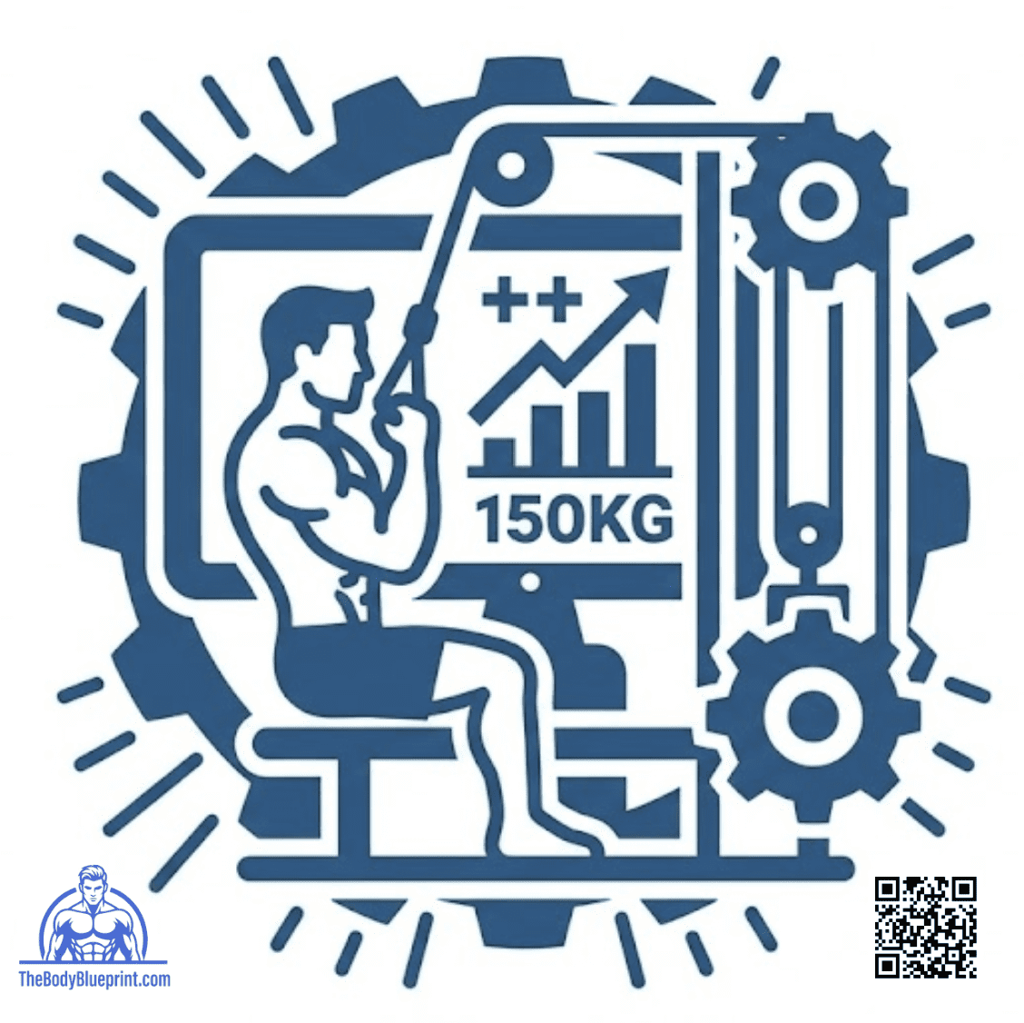 Mechanical diagram of a seated cable pull featuring gear symbols for progressive overload and a 150KG digital weight readout to explain Speediance's data-driven approach to measurable strength gains.