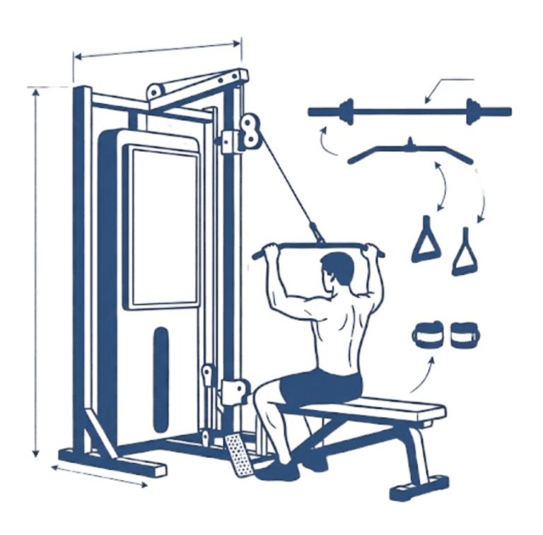 Technical blueprint of the Speediance Smart Home Gym detailing the vertical height and floor footprint dimensions, alongside a mechanical diagram of the dual-pulley cable system and lat pulldown configurations.