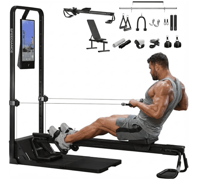 Featured product view of a male athlete using the Speediance Home Gym for seated cable rows, highlighting the vertical touchscreen display, dual-cable pulley system, and a comprehensive 12-piece accessory kit including a bench and barbell.