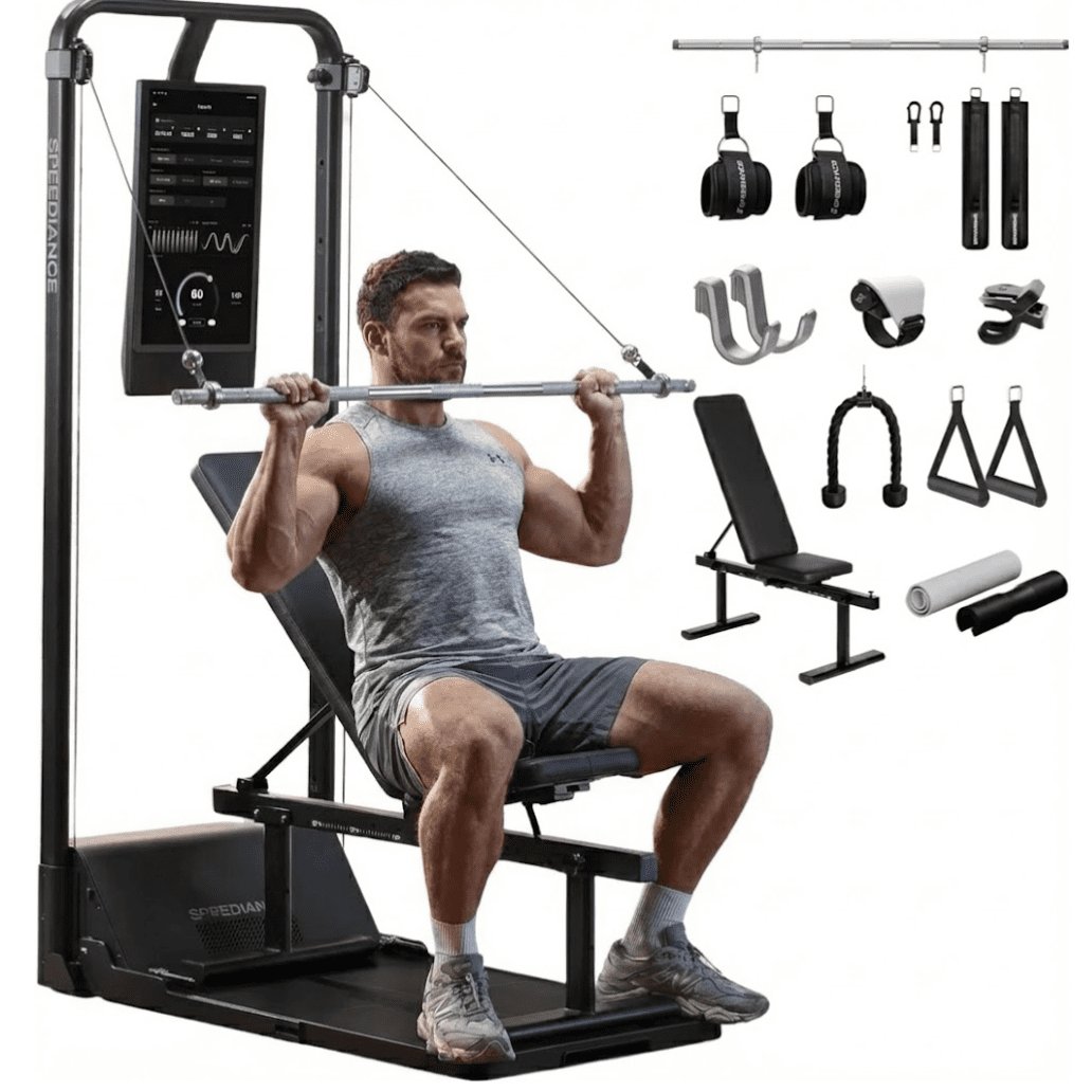 A man performing a seated overhead press on the Speediance All-in-One Smart Home Gym, highlighting the integrated digital weight screen, adjustable cable system, and various attachments including a weight bench, barbell, and functional handles for a complete home strength training solution.