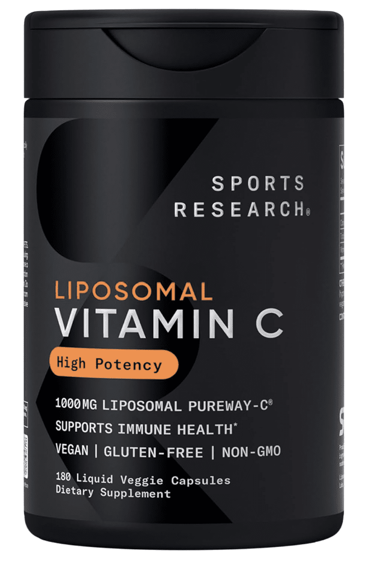Bottle of Sports Research Liposomal Vitamin C 1000mg with 180 liquid veggie capsules, featuring PureWay-C for enhanced absorption and immune support.