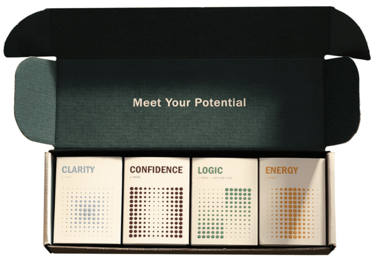 An open Thesis Starter Kit box featuring four targeted nootropic blends: Clarity, Confidence, Logic (caffeine-free), and Energy, designed for cognitive optimization.