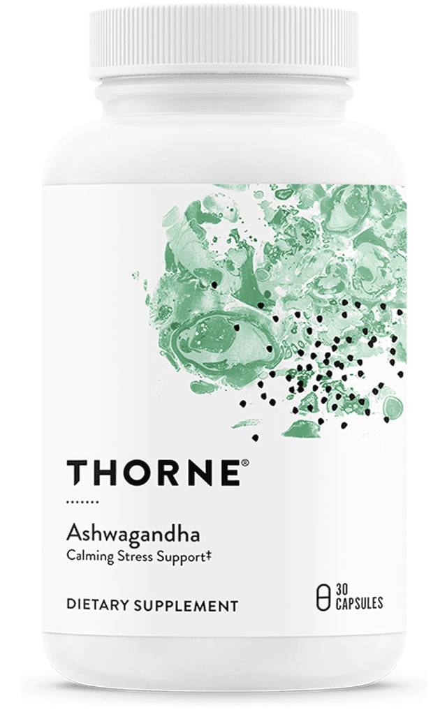 Thorne Ashwagandha bottle in a clean technical layout.