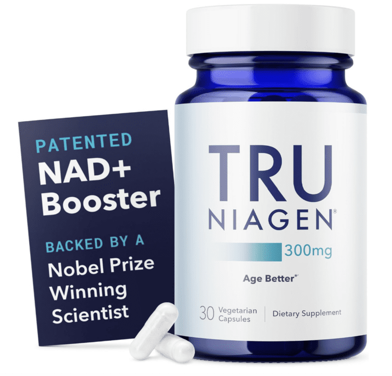 A professional product showcase of Tru Niagen 300mg, featuring the 30-count bottle of vegetarian capsules, the patented NIAGEN® logo, and an endorsement card highlighting research by a Nobel Prize-winning scientist for a technical longevity supplement review.