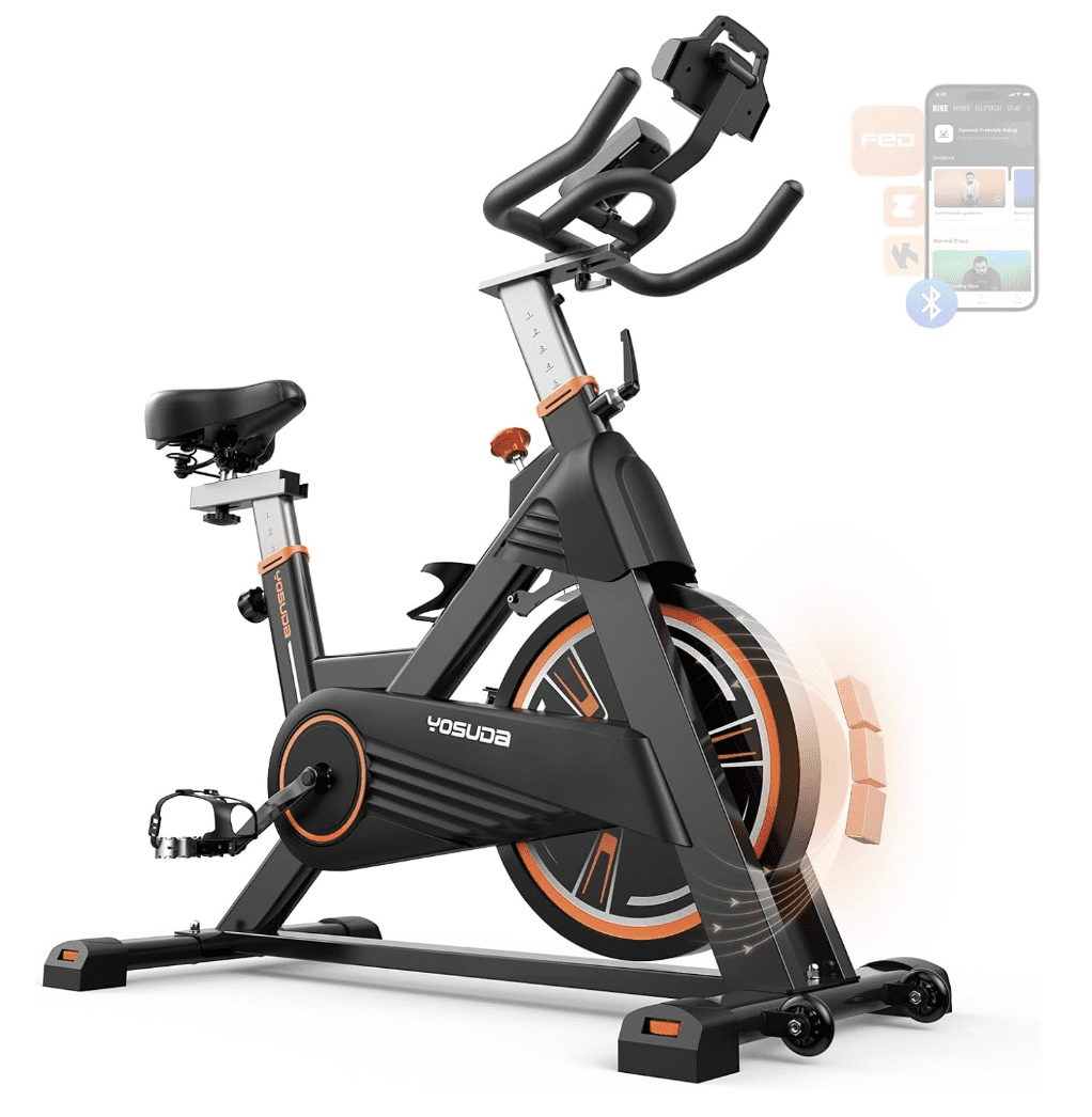 The YOSUDA PRO 010C Magnetic Exercise Bike in a home gym setting, showcasing its heavy-duty steel frame, large adjustable seat, multi-grip handlebars, and integrated digital monitor.