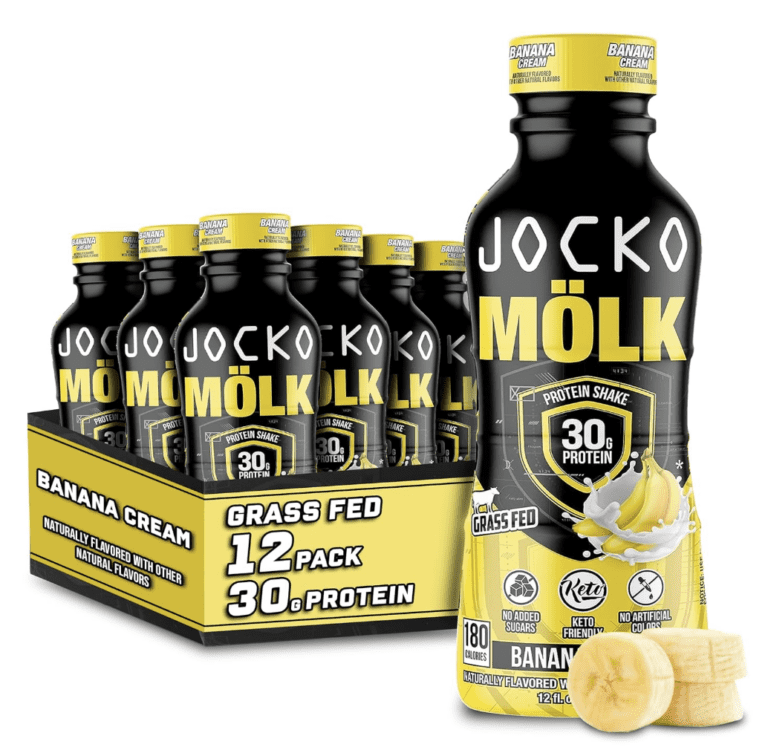 Jocko Mölk RTD protein shake bottle in Banana Cream flavor displaying "30g Protein" and "Grass Fed" badges, verifying its clean ingredient profile for the review.
