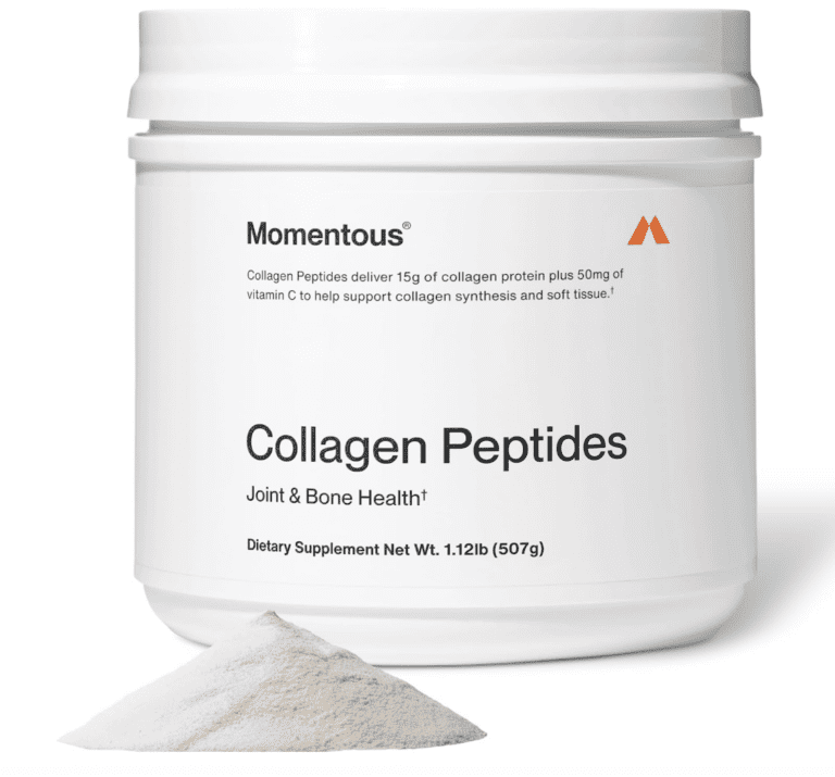 Momentous Collagen Peptides tub showing 15g dosage, Vitamin C fortification for absorption, and "Joint & Bone Health" label.