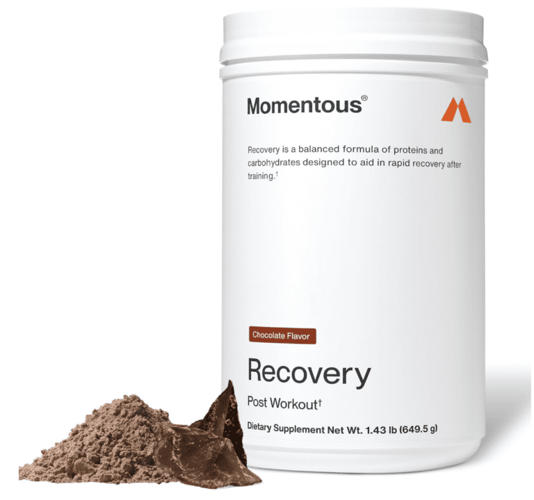 Momentous Recovery Post Workout tub in Chocolate flavor showing "balanced formula of proteins and carbohydrates" label, verifying its use for rapid recovery after training.