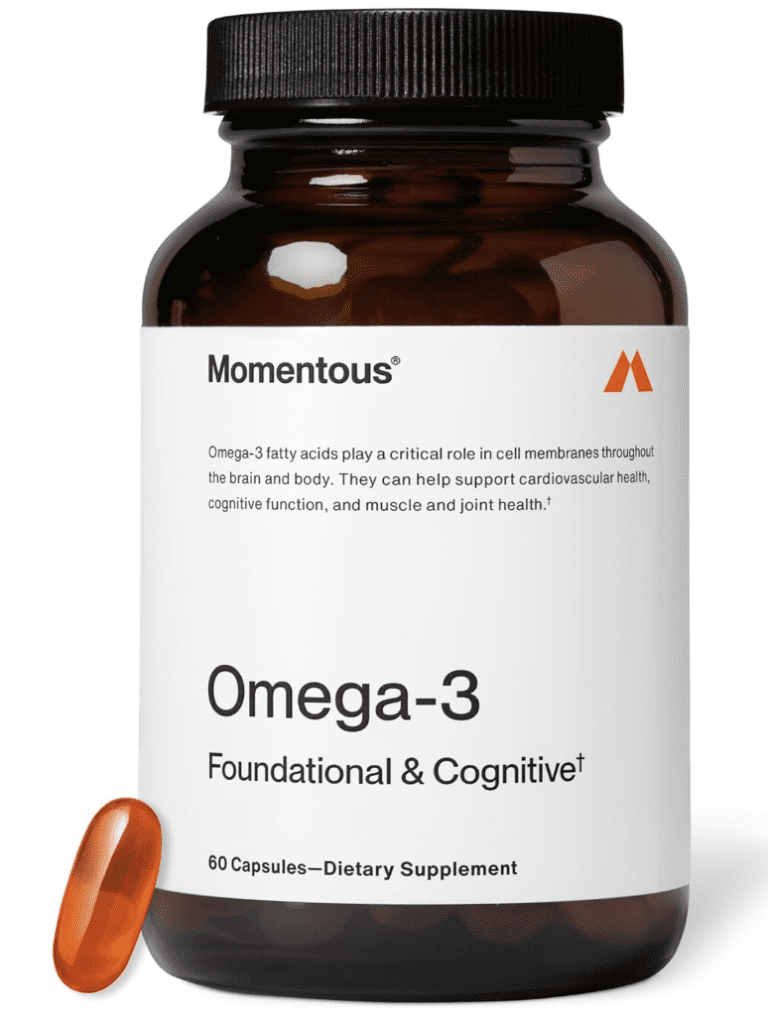 Momentous Omega-3 bottle showing 60 capsules, "Foundational & Cognitive" label, and a single amber softgel capsule displayed next to the bottle.