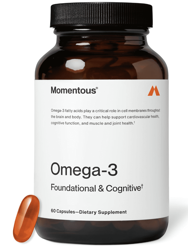 Momentous Omega-3 Fish Oil supplement bottle, high-potency EPA & DHA, NSF Certified for Sport