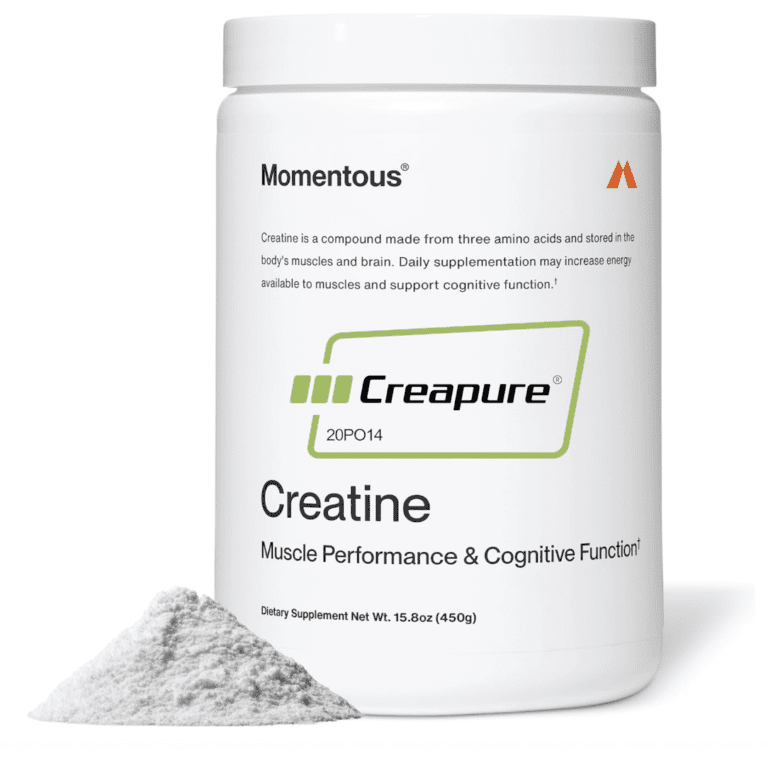 Momentous Creatine Monohydrate tub featuring the certified Creapure logo and "Muscle Performance & Cognitive Function" label, confirming purity standards.