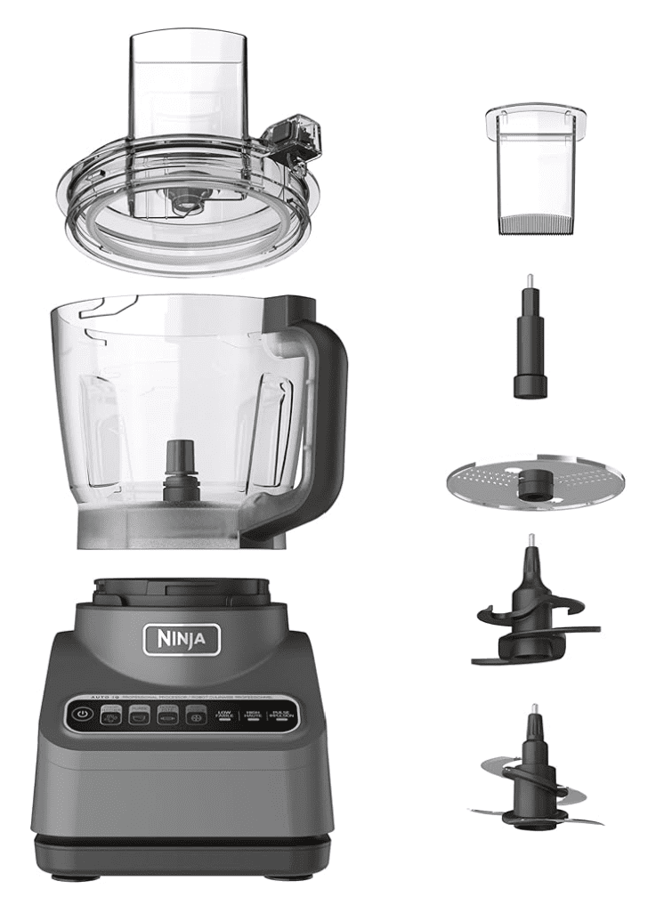 Ninja Professional Plus Food Processor exploded view showing 1000-peak-watt motor base, Auto-iQ preset buttons, and multiple blade attachments for chopping and dough, verifying its versatility for meal prep.