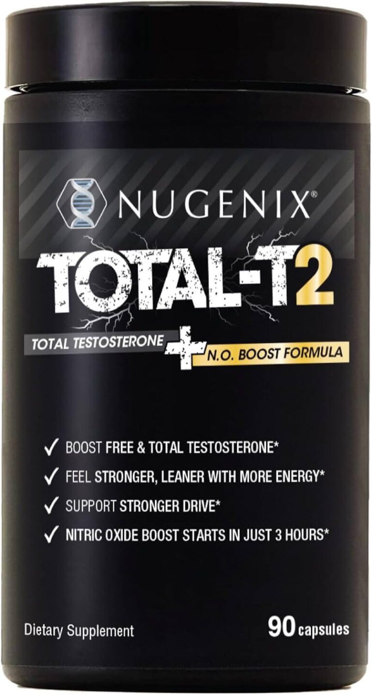 Nugenix Total-T2 bottle displaying 90 capsules and "Total Testosterone + N.O. Boost Formula" label, verifying its dual-action claims to boost drive and energy for the review.