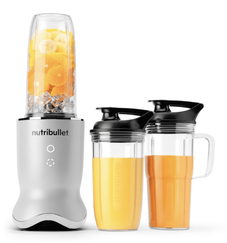 NutriBullet Ultra blender displaying glowing control panel and multiple to-go cups filled with smoothies and ice, verifying its blending power for frozen ingredients.