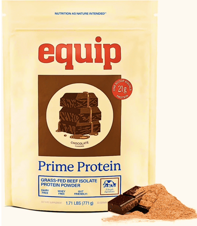 Equip Prime Protein bag in Chocolate flavor showing 21g of grass-fed beef isolate and "3 Simple Ingredients" badge, confirming its dairy-free and gut-friendly profile.