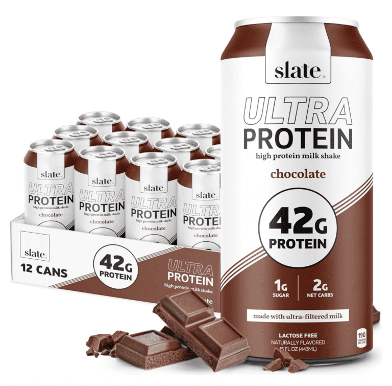 Slate Ultra Protein Milk Shake 12-pack in Chocolate flavor displaying "42g Protein" and "Lactose Free" labels, verifying its high-protein low-sugar profile for the review.