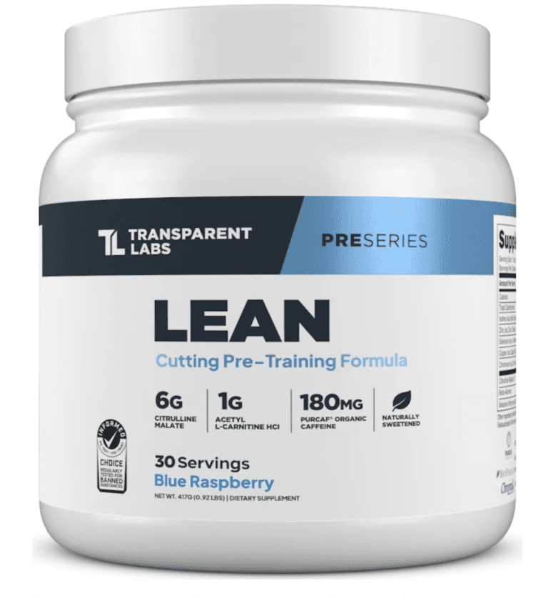 Transparent Labs Lean Pre-Workout tub in Blue Raspberry displaying the "Informed Choice" certification, 180mg organic caffeine, and 6g Citrulline Malate dosages, verifying its clean cutting formula for the review.