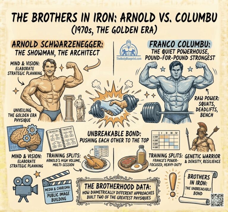Illustrated infographic comparing bodybuilding legends Arnold Schwarzenegger and Franco Columbu during the 1970s Golden Era, detailing Arnold's high-volume architectural approach versus Franco's raw power training, verifying the historical analysis for the article.