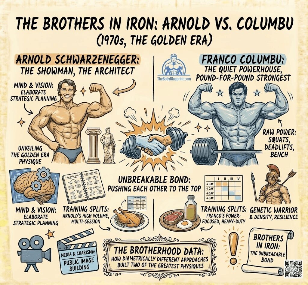 Arnold Schwarzenegger vs Franco Columbu comparison infographic: training styles, physiques, and the unbreakable bond of the golden era brothers in iron