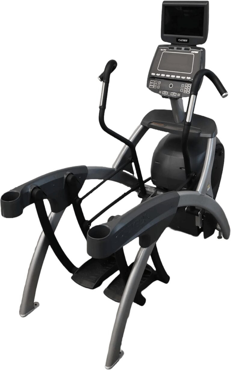 Grey and black Cybex Arc Trainer commercial elliptical machine displaying its moving arm handles, digital console with a monitor, and suspension pedals, verifying its low-impact cardio design for the review.