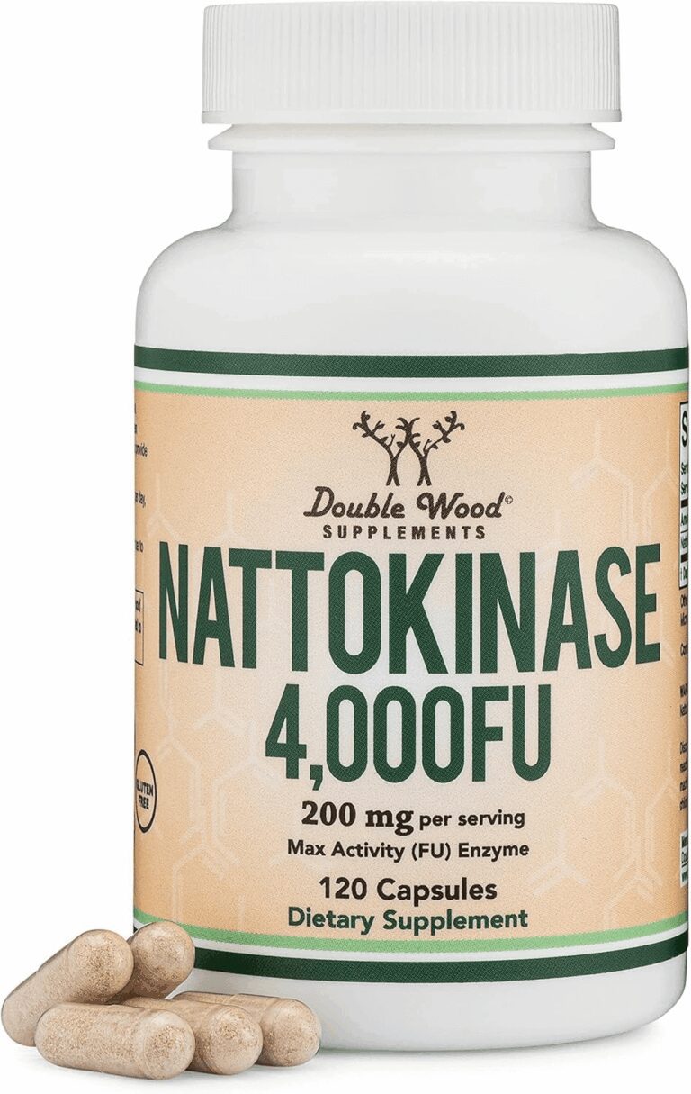 Double Wood Supplements Nattokinase bottle displaying a 4,000FU (200mg) dosage per serving and 120 capsules alongside a few loose capsules, verifying its max activity enzyme formulation for the review.