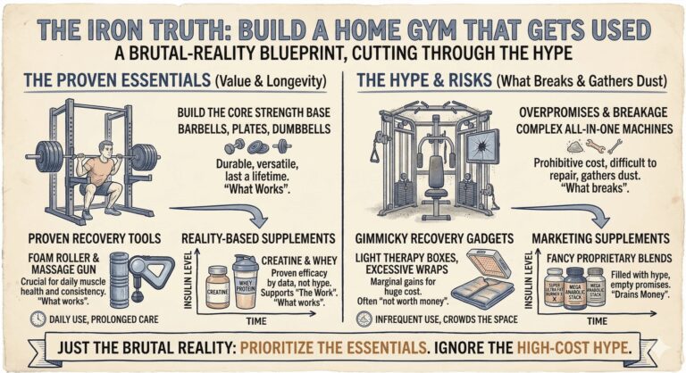 An infographic titled "The Iron Truth: Build a Home Gym That Gets Used." The left side, "The Proven Essentials," illustrates a man squatting in a power rack, dumbbells, a foam roller, a massage gun, creatine, and whey protein, emphasizing durability and daily use. The right side, "The Hype & Risks," shows a broken all-in-one cable machine, light therapy boxes, and gimmicky proprietary supplements, warning that they drain money and gather dust. A bottom banner reads: "Just the brutal reality: prioritize the essentials. Ignore the high-cost hype