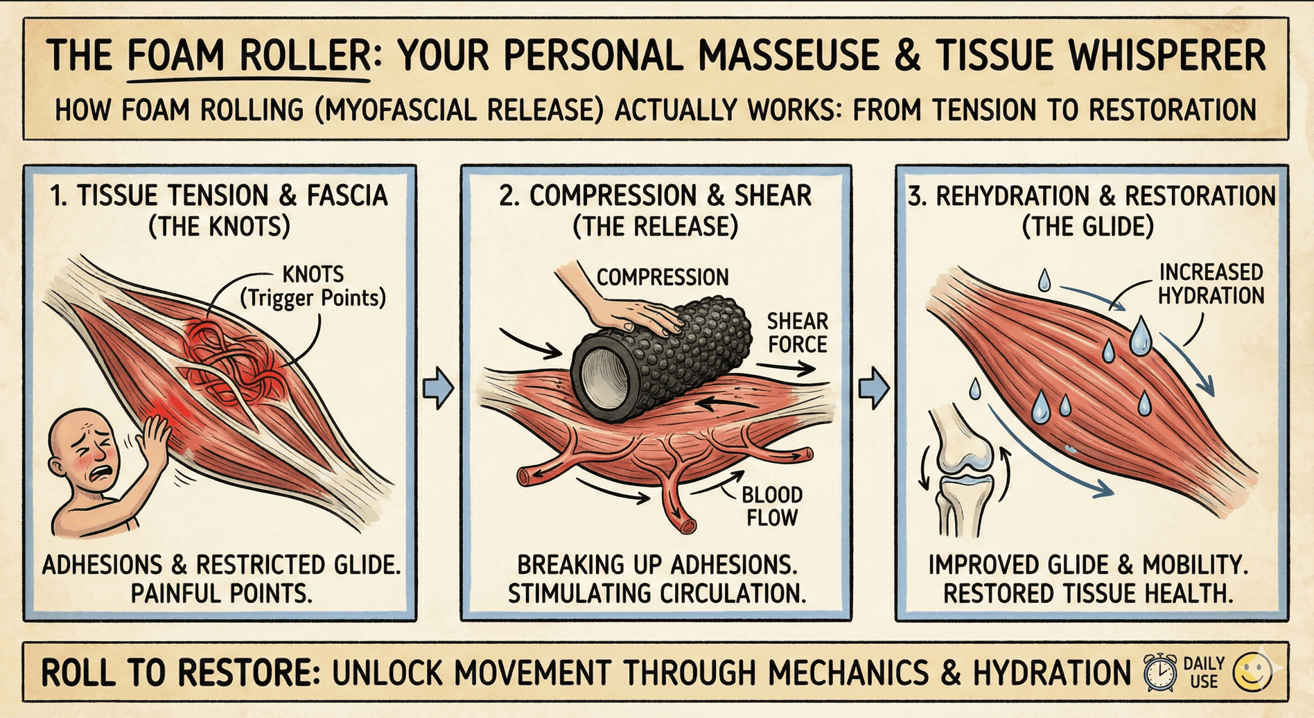 Infographic illustrating the three steps of myofascial release—tissue tension, compression and shear, and rehydration—verifying how foam rolling breaks up muscle adhesions, stimulates blood flow, and restores tissue health.